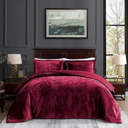 TAMGHO Crushed Velvet Maroon Burgundy King Size Comforter Set, Dark Red Luxury Soft Fluffy Bedding for All Seasons, 3 Pcs Bed Set Includes 1 Comforter (108"x96") and 2 Pillow Shams (20"x36")