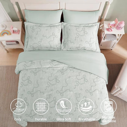 Geniospin Light Green Queen Comforter Set for Girls- 7 Pieces Bowknot Jacquard Bed in A Bag Queen Bedding Sets with Sheets, Pillowcases & Shams, All Season Kids Comforter Set