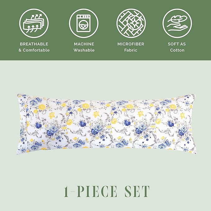 Elegant Comfort Ultra Soft 1-Piece Set Floral Print Pillowcases - 1500 Premium Hotel Quality Microfiber, Soft and Smooth Hidden Zipper Closure 1-Piece Pillow Covers - Body Pillowcase, Gold Jenna