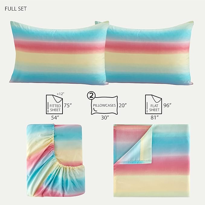 Heritage Kids Rainbow Ombre Full Sheet Set, 4-Piece Soft Microfiber Bedding with Bright Gradient Colors for Kids & Teens
