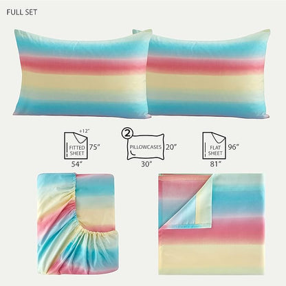 Heritage Kids Rainbow Ombre Full Sheet Set, 4-Piece Soft Microfiber Bedding with Bright Gradient Colors for Kids & Teens