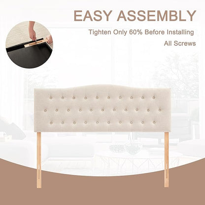 Tufted Headboard King Size, Solid Wood Adjustable Height Head Board, Beige | Upholstered King Headboard Only with Durable Solid Wood Legs, Adjustable Height 37-51 in, Fabric Button Diamond HeadBoards
