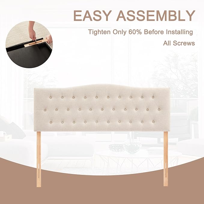 Tufted Headboard California King Size, Sturdy Solid Wood Head Board, Beige | Upholstered California King Headboard with Solid Wood Legs, Adjustable Height 37-51 in, Fabric Button Diamond HeadBoards