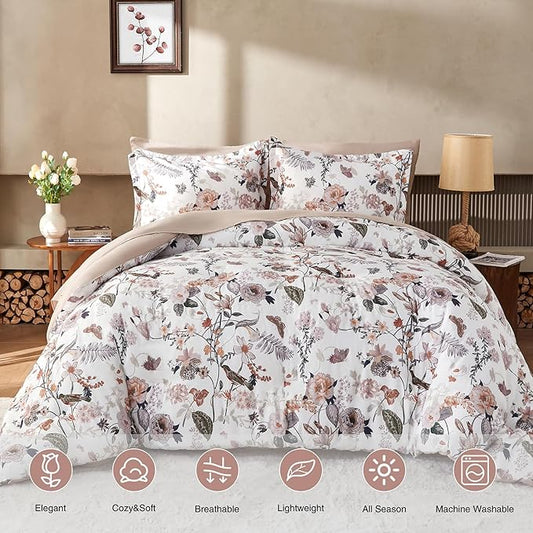 7 Piece Queen Comforter Set, Dusty Pink Butterfly Floral Comforter Set with Flowers Leaves Pattern, Soft Microfiber Complete Bedding Set for All Season(Dusty Pink, Queen)