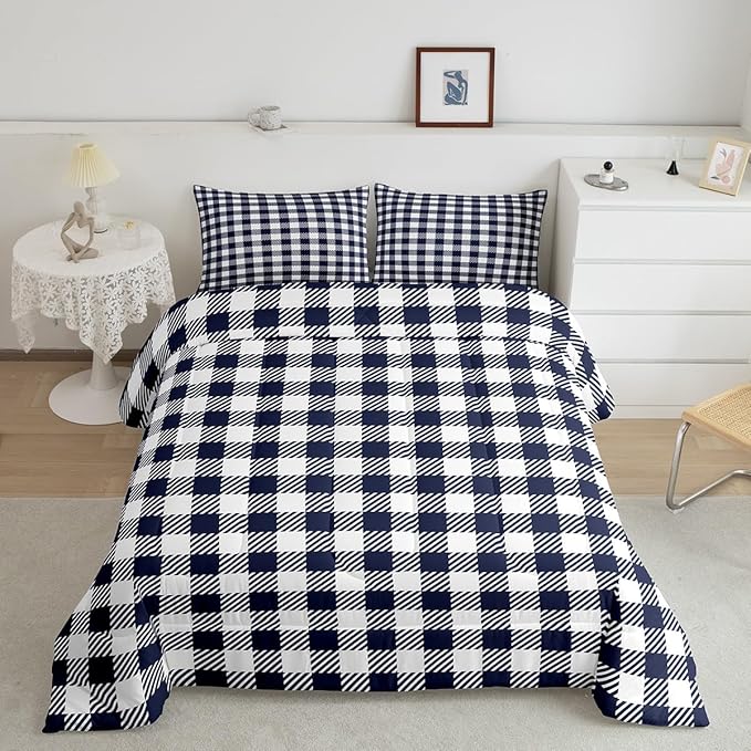 Manfei Navy Blue Plaid Bedding Set Queen Size Buffalo Check Plaid Comforter Classic Gingham Pattern Comforter Set Navy White Grid Duvet Set 3Pcs Quilt Set 1 Comforter Set with 2 Pillowcase