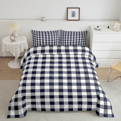 Manfei Navy Blue Plaid Bedding Set Twin Size Buffalo Check Plaid Comforter Classic Gingham Pattern Comforter Set Navy White Grid Duvet Set 2Pcs Quilt Set 1 Comforter Set with 1 Pillowcase