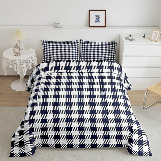 Manfei Navy Blue Plaid Bedding Set Twin Size Buffalo Check Plaid Comforter Classic Gingham Pattern Comforter Set Navy White Grid Duvet Set 2Pcs Quilt Set 1 Comforter Set with 1 Pillowcase
