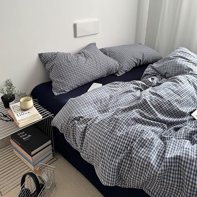 EAVD Vintage Blue Plaid Gingham Duvet Cover King Soft 100% Washed Cotton Reversible Grid Plaid Checkered Gingham Bedding Set with 2 Pillowcases Farmhouse Blue Plaid Duvet Cover with Zipper