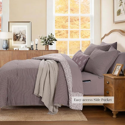 Full Comforter Set - 7 Pieces Deep Purple Gauze Muslin Bedding Sets for All Seasons, Lightweight Breathable Bed in a Bag Full with Revesible Farmhouse Comforter, Sheets, Pillowcases & Shams