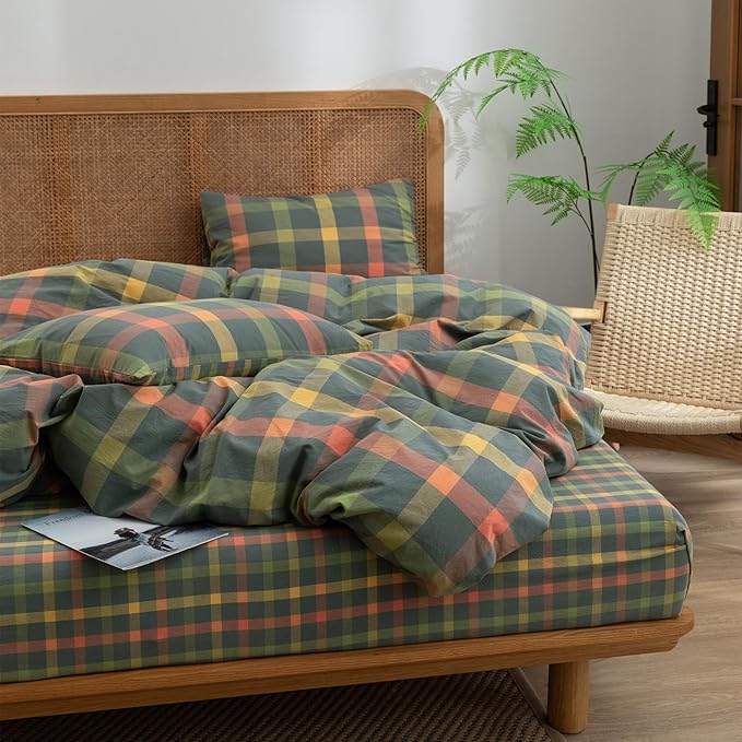 VM VOUGEMARKET Multicolor Plaid Duvet Cover Set Full Soft Washed Cotton Reversible Bedding Modern Cozy Grid Duvet Cover with 2 Pillowcases for Men Women-Orange/Grey/Green,80x90Inch
