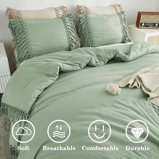 Andency Full Size Comforter Set Sage Green, 3 Pieces Boho Tassel Lightweight Vintage Soft Bedding Comforter Sets, All Season Fluffy Fringe Bed Set (79x90In Comforter & 2 Pillowcases)