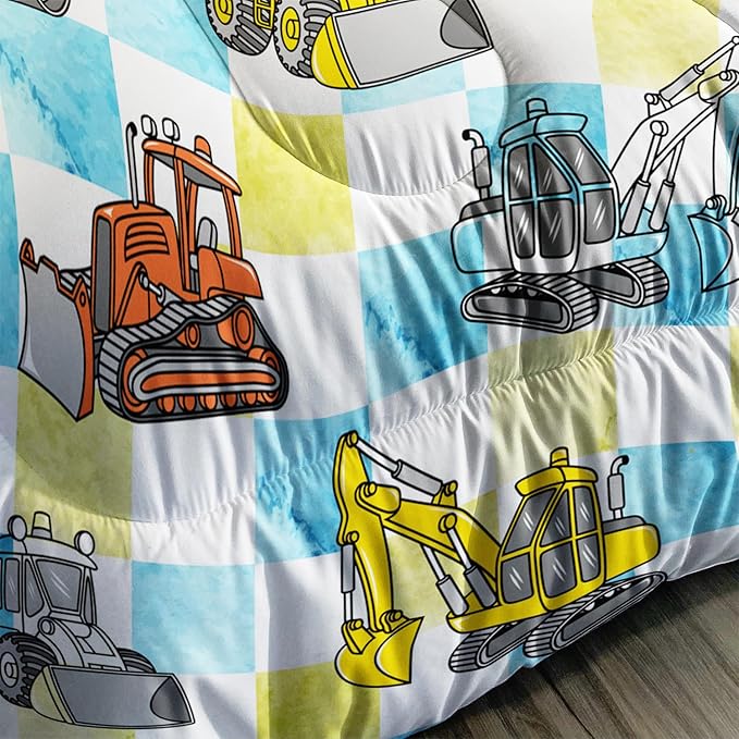 Boy's Construction Truck Comforter Set Twin,Orange,and Yellow Truck 3 Pieces Bedding Set for Kids Boys Teens,Blue and Yellow Plaid Microfiber Lightweight Quilt Bedroom Decor with 2 Pillow Cases