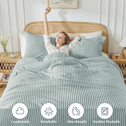 MILDLY Green Striped Duvet Cover - 100% Washed Cotton Jacquard Textured Comforter Cover with Dual Zipper Closure & 8 Coner Ties