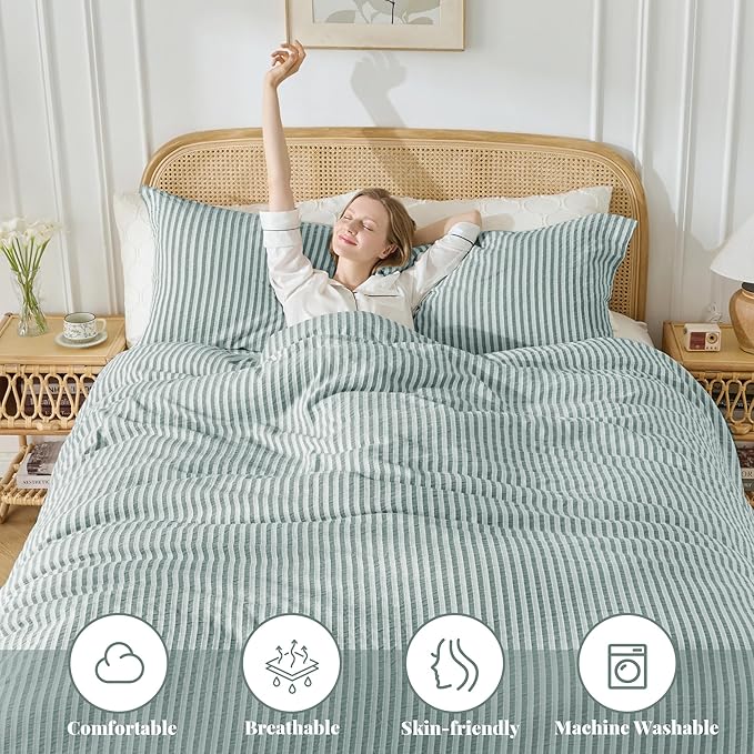 MILDLY Emerald Striped Duvet Cover - 100% Washed Cotton Jacquard Boho Textured Comforter Cover 3pcs with Corner Ties Zipper Closure 80"x90"