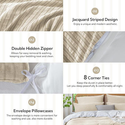 MILDLY Jacquard Stripe Duvet Cover - 100% Washed Cotton Khaki Boho Textured Comforter Cover Set with Zipper Closure 68"x90"
