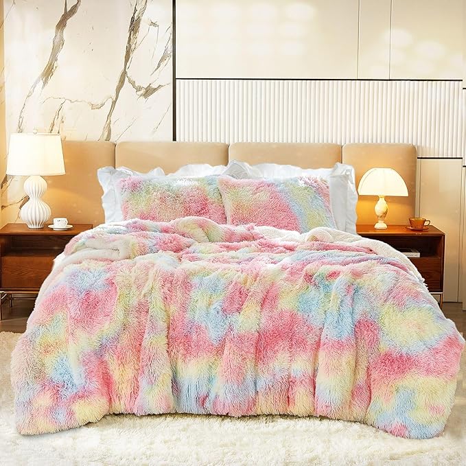 Luxury Faux Fur Shaggy Comforter Set Full/Queen Size, Plush & Sherpa Reversible Comforter Tie Dye Rainbow, 3-Piece Fluffy Fuzzy Bedding Set Ultra Soft and Warm for Winter (1 Comforter + 2 Pillowcases)