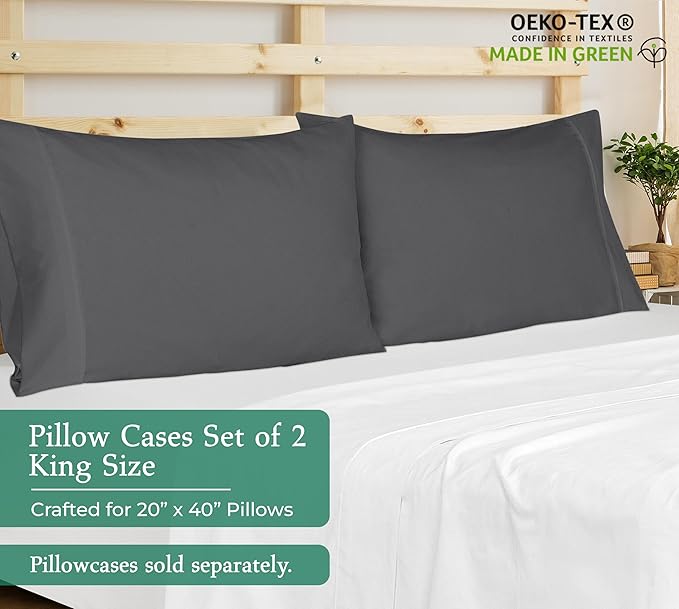 Royale Linens King Pillowcase Set of 2 - Bed Pillow Cover - 20" x 40" -Grey Pillowcases - 1800 Brushed Microfiber, Wrinkle & Fade Resistant - Soft & Cozy- King Size Pillow Case (Grey)