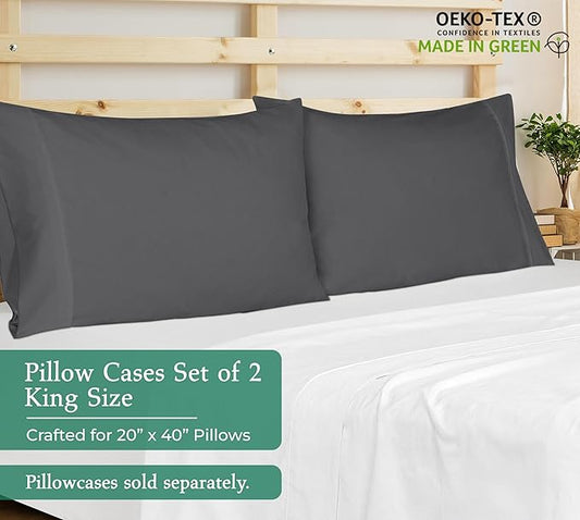 Royale Linens King Pillowcase Set of 2 - Bed Pillow Cover - 20" x 40" -Grey Pillowcases - 1800 Brushed Microfiber, Wrinkle & Fade Resistant - Soft & Cozy- King Size Pillow Case (Grey)