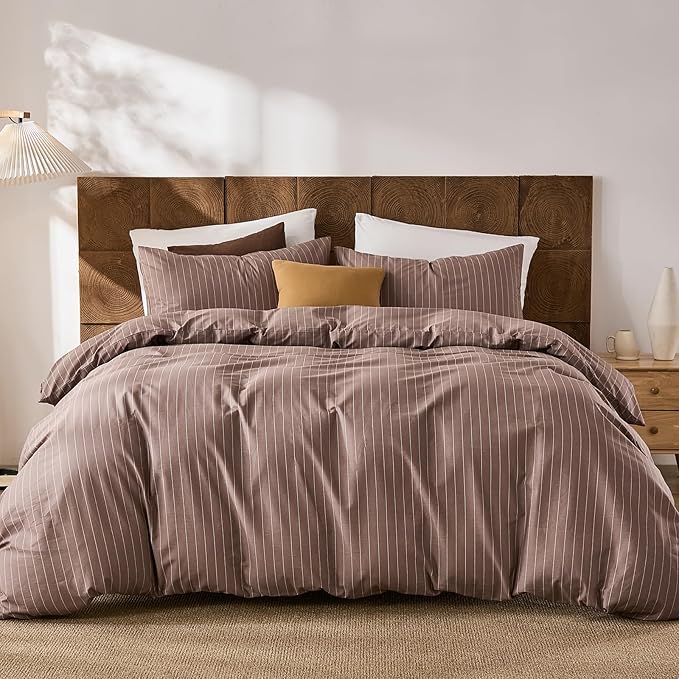 Merryword 100% Cotton Duvet Cover Set King Size, Brown Pinstripe Bedding Set with 2 Pillowcases, Soft Breathable Comforter Cover, Natural Cotton Linen Like Bedding Set for Cozy Home Bedroom