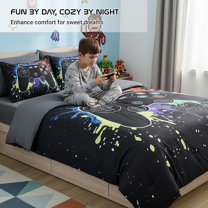 Full Comforter Set for Boys Kids - 7 Pieces Black Gamer Full Size Bedding Sets for Kids, Soft Cozy Bed in A Bag with Sheet