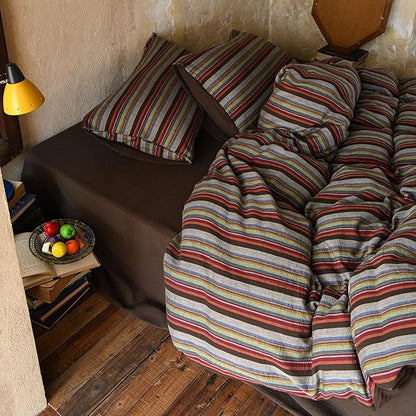 VM VOUGEMARKET Vintage Striped Double Layer Gauze Duvet Cover Set Queen,Boho Multicolor Stripes Bedding Set,Soft Breathable Muslin Cotton Comforter Cover for Cottagecore Cozy Cabin Bedroom Decor