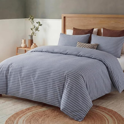 Bedbay Grey Striped Duvet Cover Set Queen Size, 100% Cotton Sateen Bedding Set, Modern Minimalist Hotel Style 3 Piece Duvet Cover, Soft Breathable All-Season Bedding