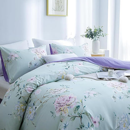 BOLINLIVING Floral King Comforter Set 3 Pieces, Soft Breathable Bed in a Bag King Size, Green and Purple Floral Bedding Set for All Season, 1 Comforter & 2 Pillowcases