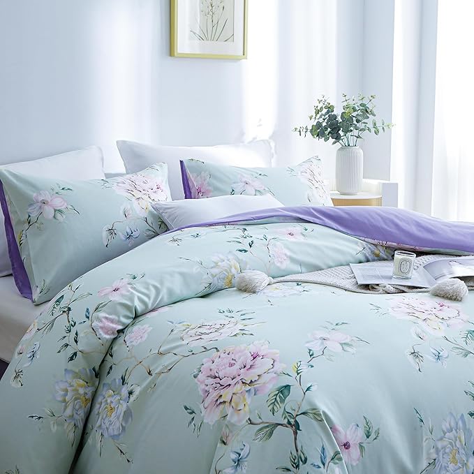 BOLINLIVING Floral Full Comforter Set, Soft Breathable Bed in a Bag King Size 3 Pieces, Green and Purple Floral Bedding Set for All Season, 1 Comforter & 2 Pillowcases