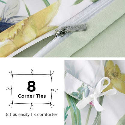 Bedsure Duvet Cover King Size - Reversible Floral Patterned Duvet Cover Set with Zipper Closure, 3 Pieces Green Bedding Set with 8 Corner Ties and 2 Pillow Shams 20"x36"