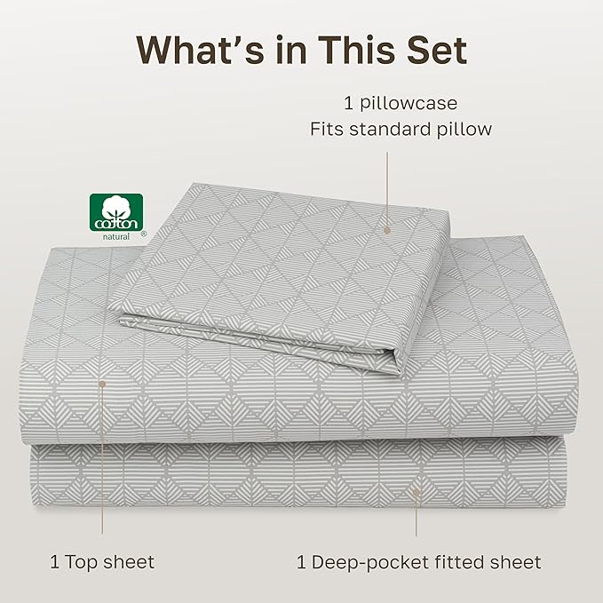 California Design Den Printed Twin XL Sheet Sets - 400 Thread Count, Natural 100% Cotton Sateen, Deep Pocket Extra Long Twin Sheets Set, and Durable Bedding Set - Taupish-Sage Crosshatch