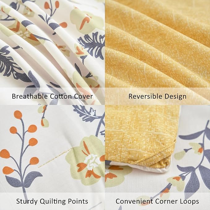 Yellow Floral Cotton Comforter King Size - Orange, Blue & Slate Gray Botanical Pattern on Off White, Reversible Design, 3PC Lightweight Bedding Set with Soft Alternative Fill (King)