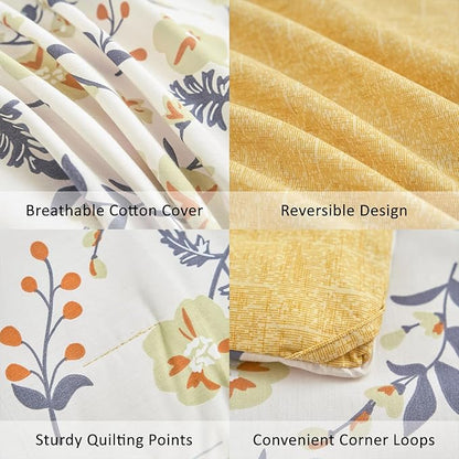 Yellow Floral Cotton Comforter King Size - Orange, Blue & Slate Gray Botanical Pattern on Off White, Reversible Design, 3PC Lightweight Bedding Set with Soft Alternative Fill (King)