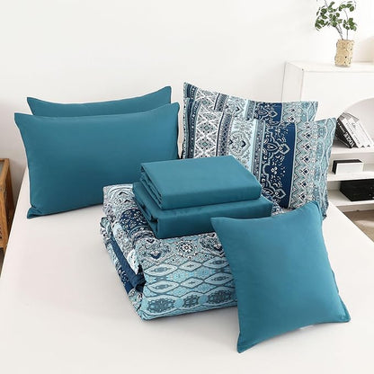 Cottolester Boho Comforter Set California King Size 8 Pieces, Teal Blue Comforter Bohemian Striped Bed in A Bag, Soft Microfiber Bedding Set for All Seasons