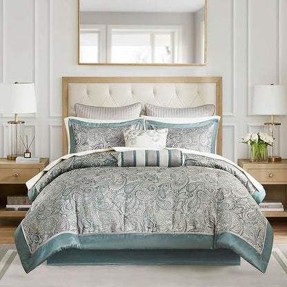 Madison Park Aubrey Cozy 12 Piece Comforter Set & Sheet, Luxe Faux Silk Jacquard Paisley Design - All Season Down Alternative Bedding with Cotton Bed Sheets, Bedskirt, Toss Pillows, King Teal