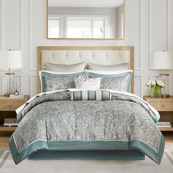 Madison Park Aubrey Cozy 12 Piece Comforter Set & Sheet, Luxe Faux Silk Jacquard Paisley Design - All Season Down Alternative Bedding with Cotton Bed Sheets, Bedskirt, Toss Pillows, Cal King Teal