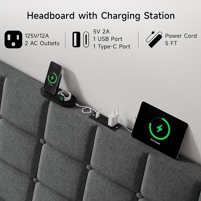 Ergonomic Upholstered Headboard Full Size w/Charging Station, Linen Wingback Headboards w/Storage Pocket, Full Headboard Only, Bed Frame Adapters, Sturdy Stable Solid Wood Bed Head Board, Dark Grey