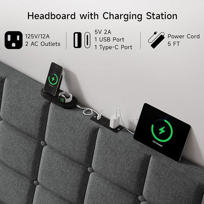 Ergonomic Upholstered Headboard Full Size w/Charging Station, Linen Wingback Headboards w/Storage Pocket, Full Headboard Only, Bed Frame Adapters, Sturdy Stable Solid Wood Bed Head Board, Dark Grey