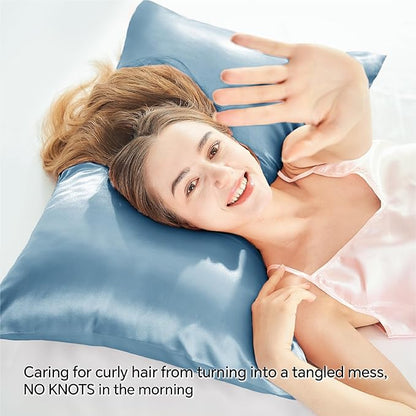 BEDELITE Satin Pillowcase with Zipper, Airy Blue Pillow Cases Queen Size Set of 2, Super Soft and Cooling Similar to Silk Pillow Cases, Gift for Women Men(20x30 Inches)
