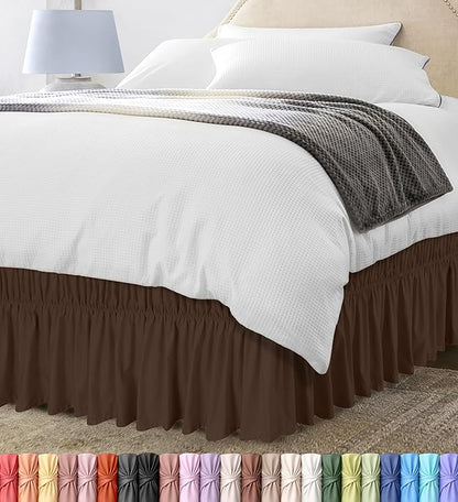 Wrap Around Ruffle Queen Size Bed Skirt – Adjustable Buckle & Elastic Belt for Easy Installation, 16 Inch Drop – Brushed Microfiber - Machine Washable, Fade and Wrinkle Resistant, Brown