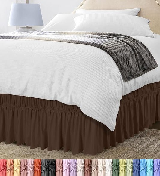 Wrap Around Ruffle Queen Size Bed Skirt – Adjustable Buckle & Elastic Belt for Easy Installation, 16 Inch Drop – Brushed Microfiber - Machine Washable, Fade and Wrinkle Resistant, Brown