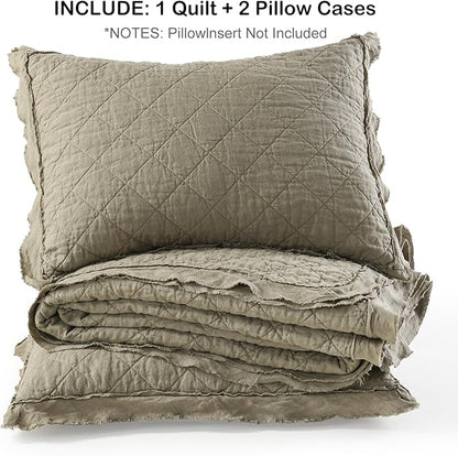 HORIMOTE HOME 100% Linen Front/100% Cotton Back Quilt Set King Size, Olive Green Pre-Washed European Flax Linen Quilt, Diamond Stitch Bedspread Coverlet Bedding Set 3-Piece for All Seasons
