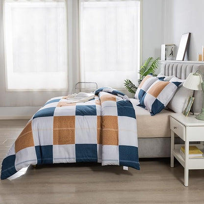 Caressma Navy Blue Plaid Checkered Comforter Set, Fluffy Geometric Grid Gray and Brown Buffalo Twin Size Comforter with Matching Pillow Shams for All Seasons