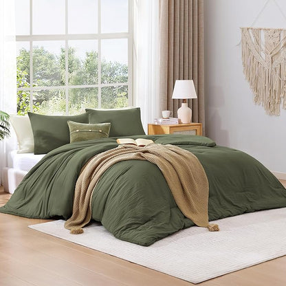 WRENSONGE Full Size Comforter Sets - 3 Pieces Olive Green Comforter Prewashed Soft Lightweight for All Seasons, Fluffy Down Alternative Comforter Full Size with 2 Pillow Shams