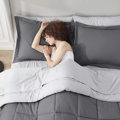 Nestl 7 Piece Queen Comforter Set – Dark Grey Reversible Bed in a Bag – Complete Queen Size Bedding Set with Sheets, Pillowcases and Shams