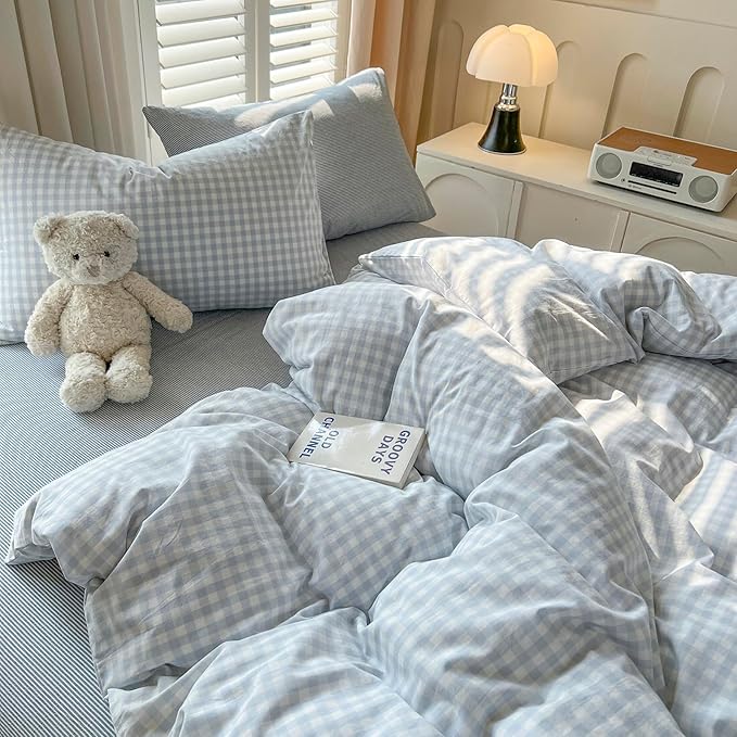 LifeTB Blue Gingham Comforter Set King 3 Pieces Blue Plaid Grid Comforter Set Geoometric Checkered Pattern Comforter with 2 Pillowcases Lightweight Soft Farmhouse Gingham Plaid Bedding Set