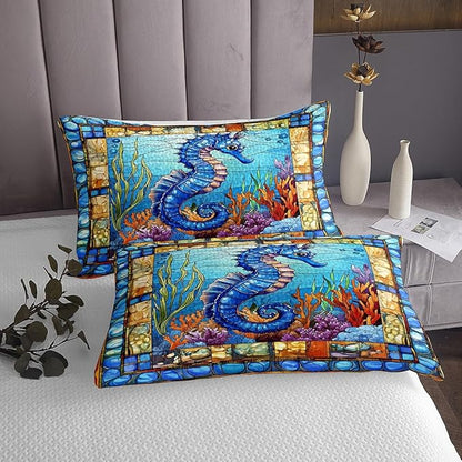 Seahorse Kids Bedspread King Size,Hippocampus Coral Seaweed Marine Life Coverlet Set,Boys Girls Room Decor,Ocean Animal Geometric Abstract Quilted Coverlet,Sea Blue Bedding Quilt,2 Pillowcases