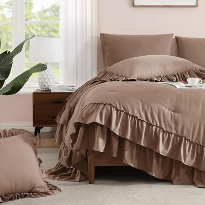 Full Comforter Set Amber Brown, Ruffle Shabby Chic Bedding Set Farmhouse 7 Pieces, All Season Fluffy Bed in a Bag with Sheets, Pillowcases & Shams