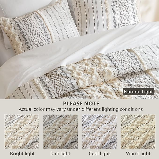 INK+IVY Comforter for Queen Size Bed, Chenille Tufted, Breathable Cotton Comforter Set Queen, All Season Modern Boho Comforter with Farmhouse Bedding Flare, 2 Matching Shams, Queen Ivory 3 Piece