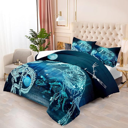 Dinosaur Comforter Set for Teens Boys Girls,Dino Eyes 3 Pieces Bedding Set King,Dark Blue Lightweight Down Alternative Bedding Sets for All Season