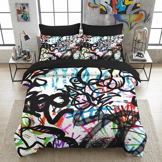 5 Pcs Twin Size Comforter Set with Pillowcase & Sham, Abstract Graffiti Bedding for Kids and Adults, Urban Modern Fashion Bed in a Bag with Flat Fitted Sheet